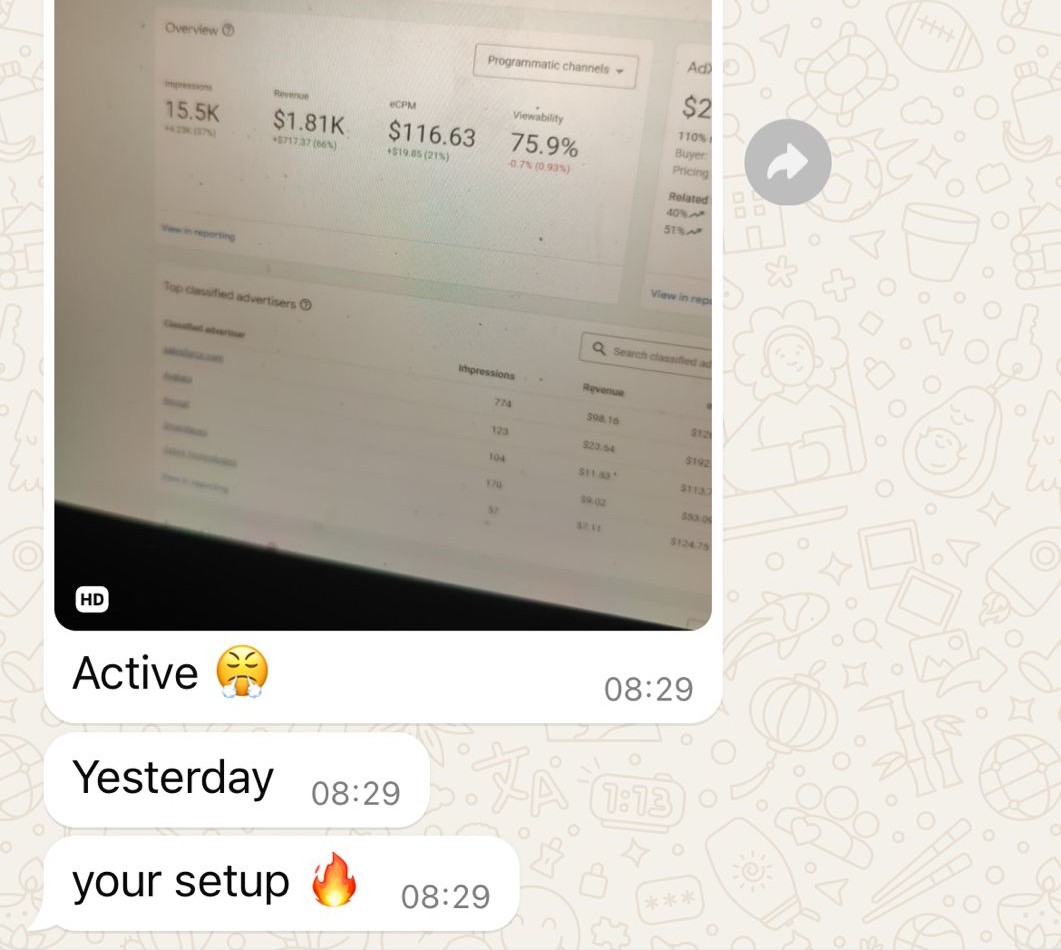 Partner account $1.81K, $116.63 eCPM — your setup active