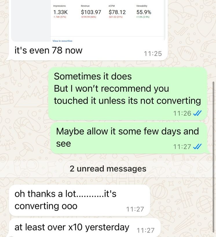 WhatsApp message: it's converting ooo, at least over x10 yesterday