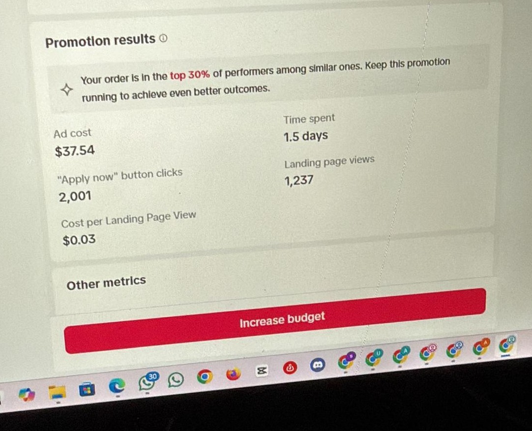 TikTok: top 30%, 2,001 clicks, $0.03 per landing view