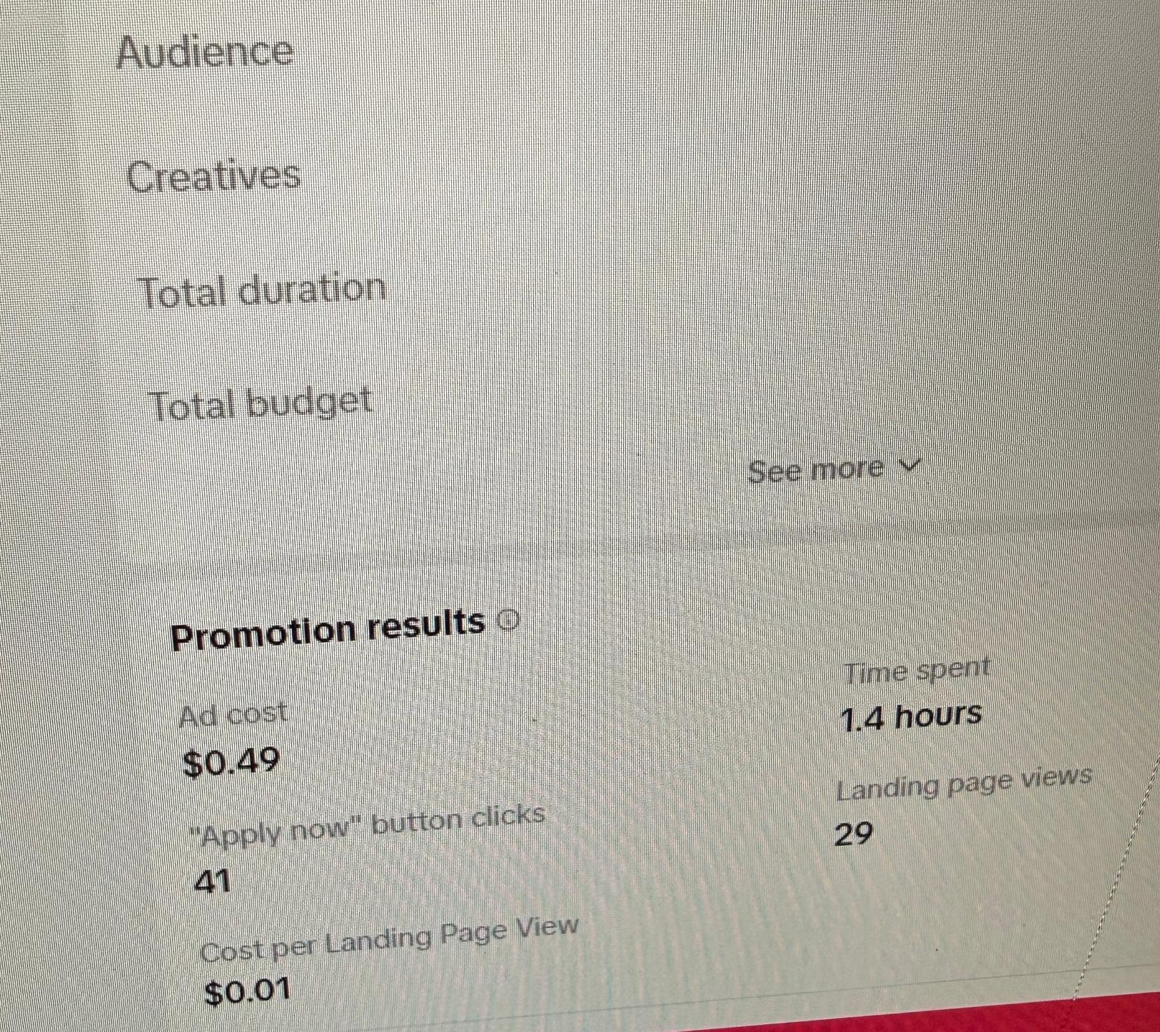 Promotion: $0.49 ad cost, $0.01 per landing view — driven by creative